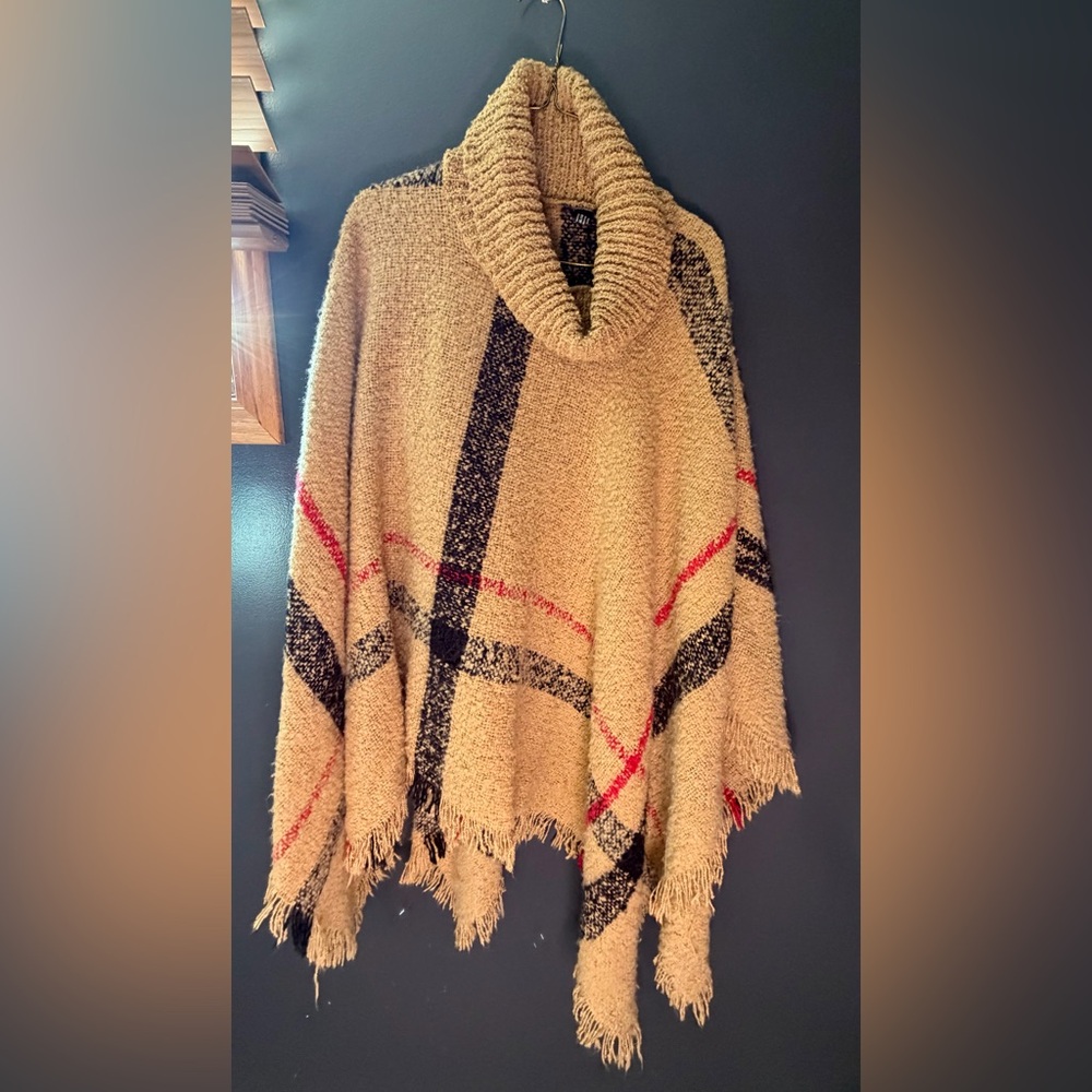 Cozy Camel Plaid Cowl-Neck Women's Sweater Poncho